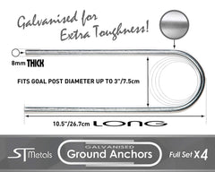 ST Metals Football Goal Pegs & Trampoline Anchor Kit. 4 Metal Heavy Duty U-Shaped Pegs Made From 8mm Galvanised Steel. Ideal As Tent Pegs & Ground Anchors For Trampolines & Goal Posts.