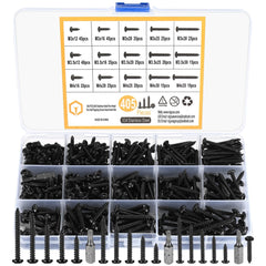 405 pcs Black Stainless Steel Torx Head Screws Set, M3/M3.5/M4, Flat & Round Head Woodbuilding and Self-tapping Screws Assortment Kit, with 3pcs Drill Bits