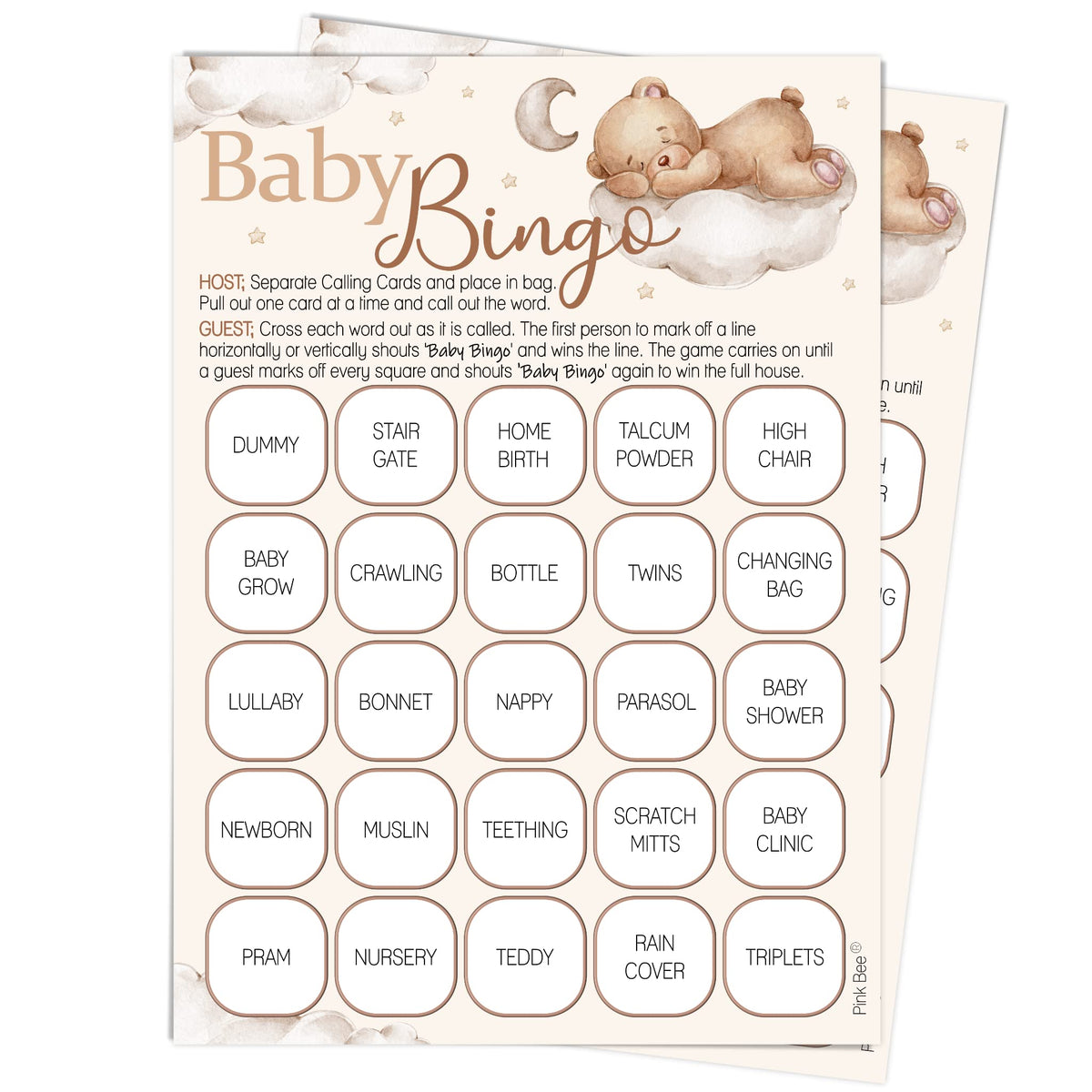 Pink Bee Parties Bingo Baby Shower Game in Teddy Bear Theme - 20 Players