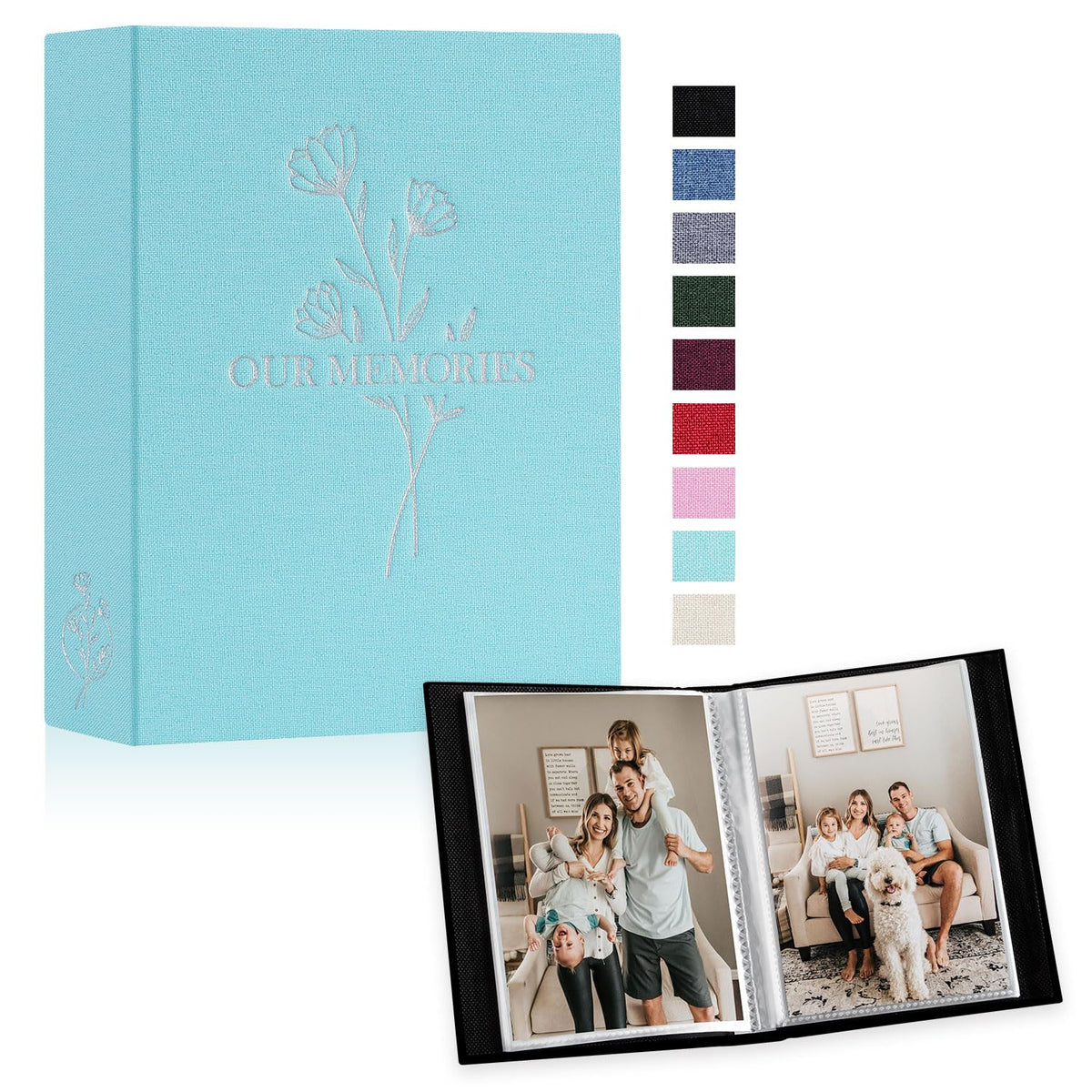 Lanpn Small Photo Album 6x4 2 Packs, Each Pack holds 100 Pictures, Slip in Pockets Mini OUR MEMORIES Linen Top Loading Photo Albums for Portrait Only 10x15cm Picture Teal