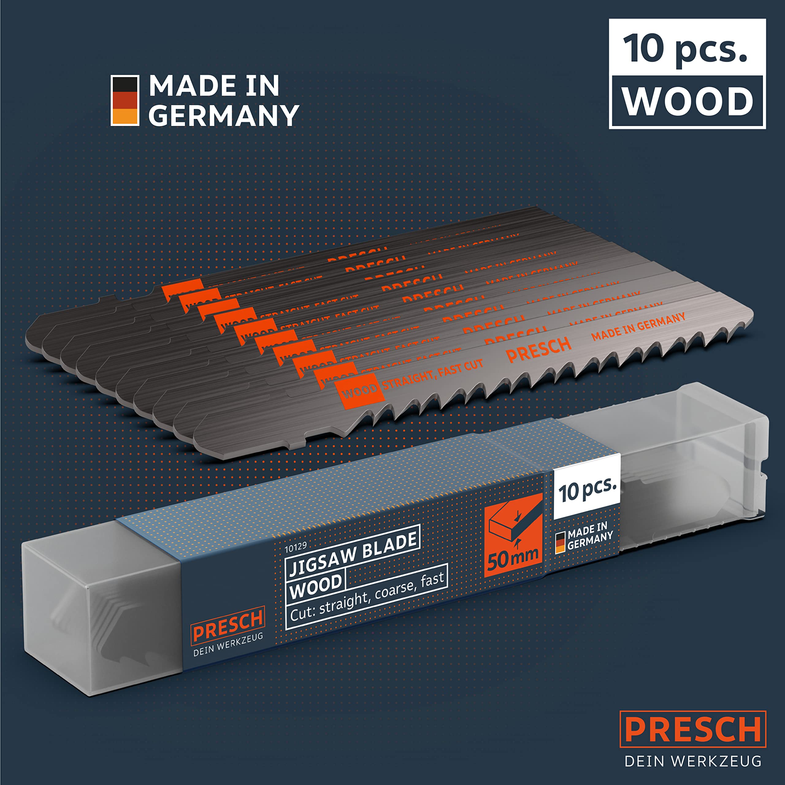 Presch Jigsaw Blades Wood 10 pcs. (Fast, Straight) - Rapid, Straight Cut (5-50mm) - Durable T-Shaft Saw Blades for All jigsaws - Saw Blades for chipboard Sheets, softwood, MDF and Many More