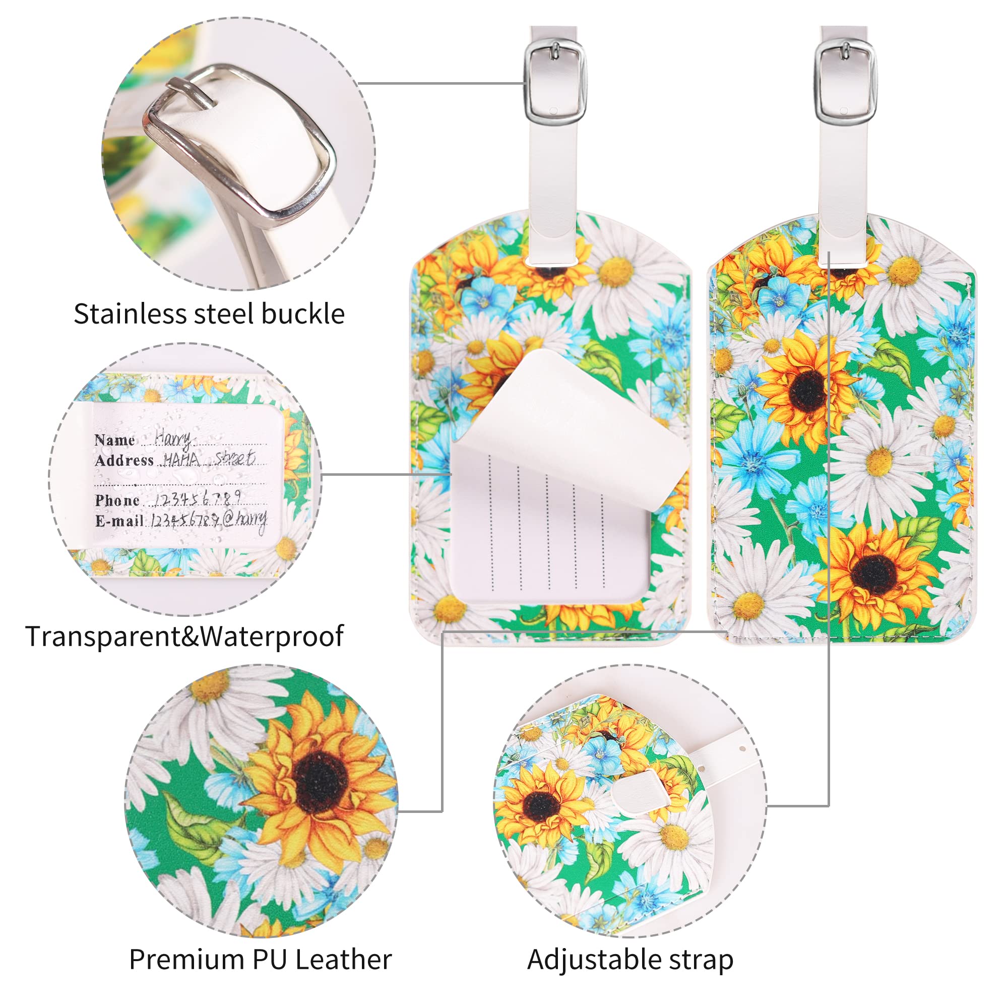 Luggage Tags,2 Pcs Leather Baggage Labels,Luggage Tags for Suitcases,Travel Luggage Tag with Name ID Card for Luggage Cruise Waterproof Travel Accessories (Sunflower)