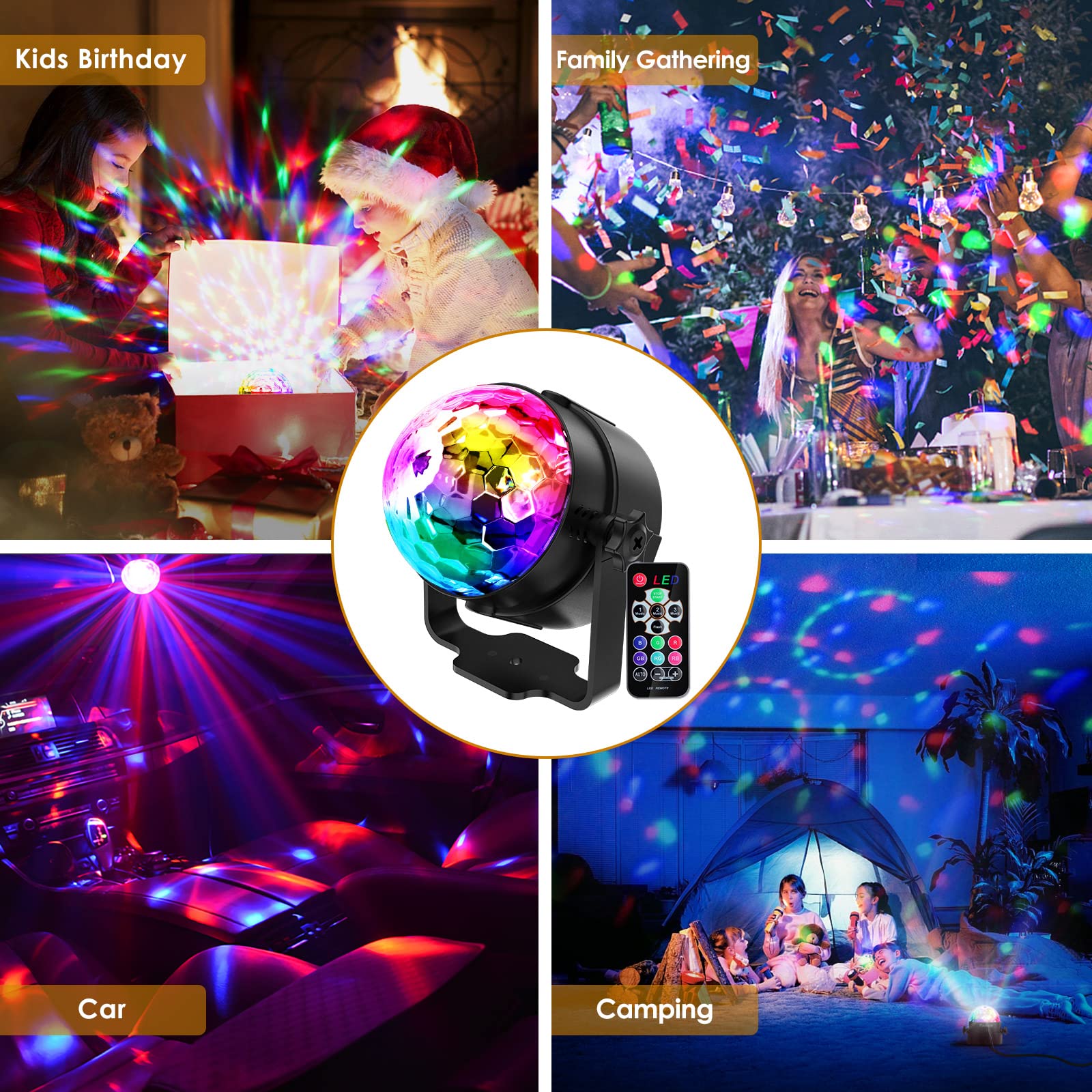 Gobikey Disco Lights, 360°Rotation Sound Activated 【Portable 】Disco Ball Lights with 4M/13ft USB Power Cable, 3W RGB Party Lights with Remote Control for Kids Birthday/Family Gathering/Party/Home