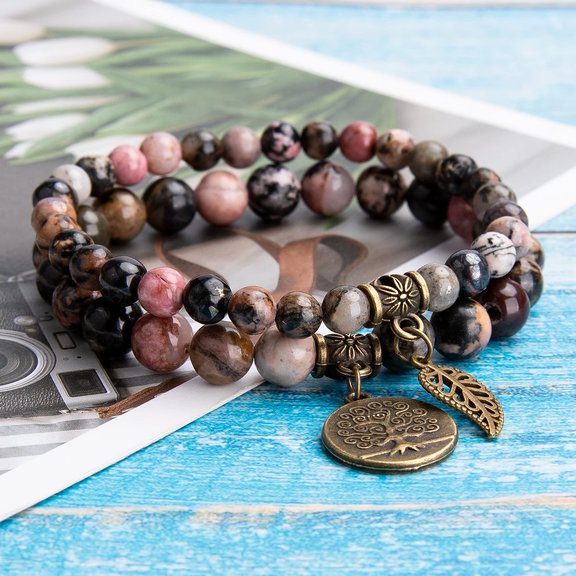 Farfume Chakra Bracelets for Women - Crystals Bracelet Women Natural Gemstones Yoga Reiki Bangle- A Set of Double Bracelets （Rhodonite Beads）