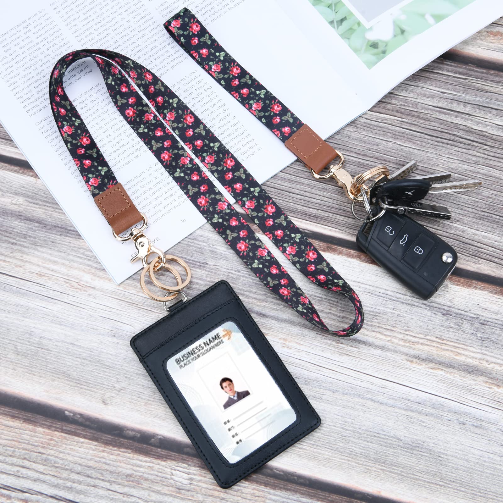 Vicloon Neck Lanyard Wristlet Strap, Print Lanyard Neck Strap Keychain ID Lanyard Neck Leather Lanyard with 4 Metal Key Rings for ID Badge Holder Keys Phone (Rose)