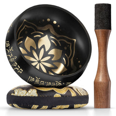 Tibetan Singing Bowl Set - Easy to Play with Dual-End striker and Cushion - Beautiful Sound for Holistic Healing, Stress Relief, Meditation & Relaxation- Bliss Pattern- Black bowl