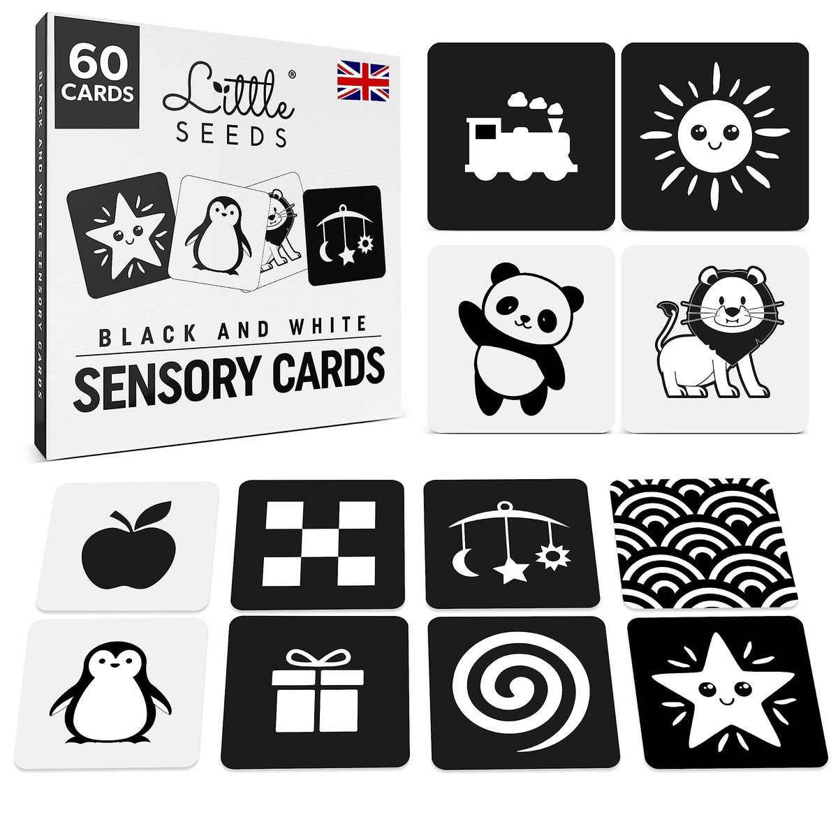 Newborn Essentials Black and White Baby Sensory Cards 60 High Contrast Baby Flash Cards Visual Skills and Stimulation for Newborn Babies 0-3 Months - UK Brand