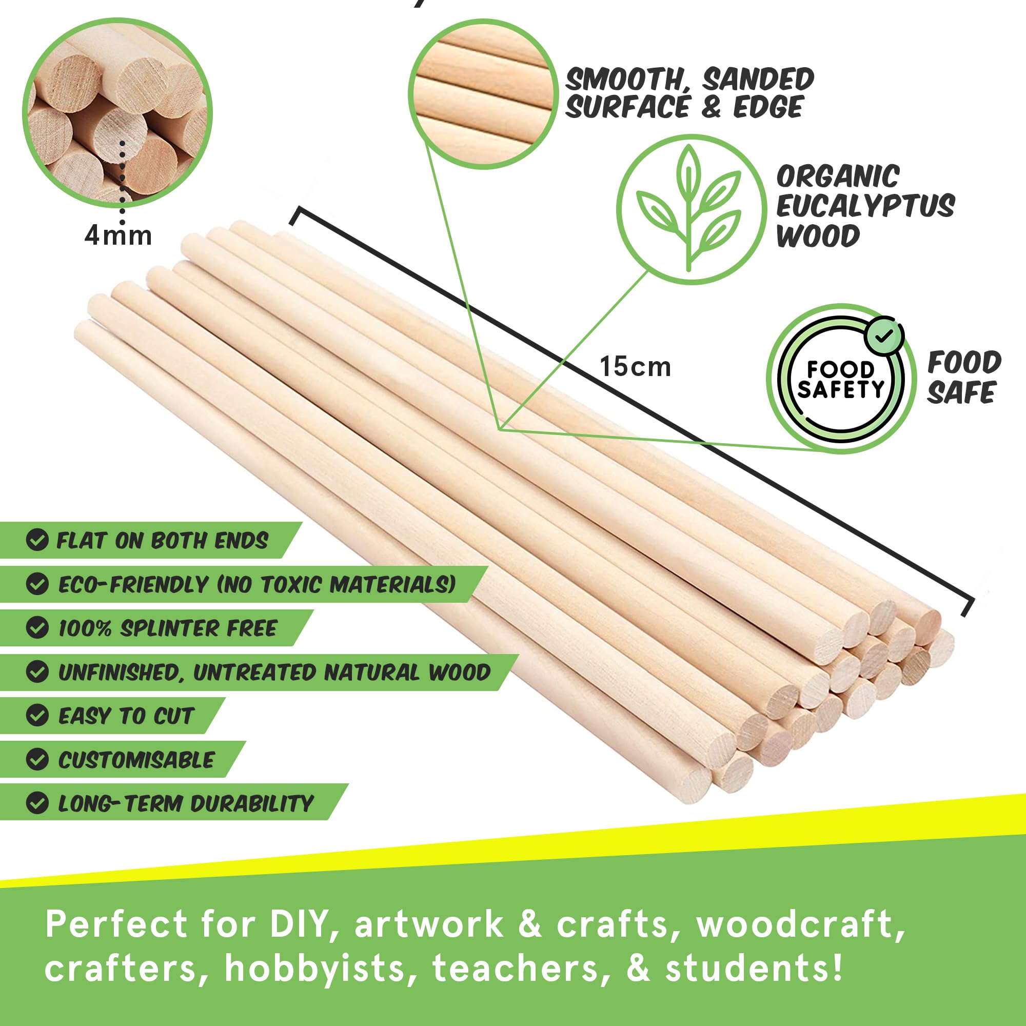 Wooden Dowel Rods by Smith’s® (100 Pack / 15cm x 4mm)   Unfinished, Natural, Organic Wood Sticks   FSC Approved   Perfect for Craft Projects, DIY, Art Works, Woodcraft, & More!