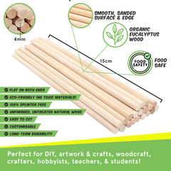 Wooden Dowel Rods by Smith’s® (100 Pack / 15cm x 4mm)   Unfinished, Natural, Organic Wood Sticks   FSC Approved   Perfect for Craft Projects, DIY, Art Works, Woodcraft, & More!