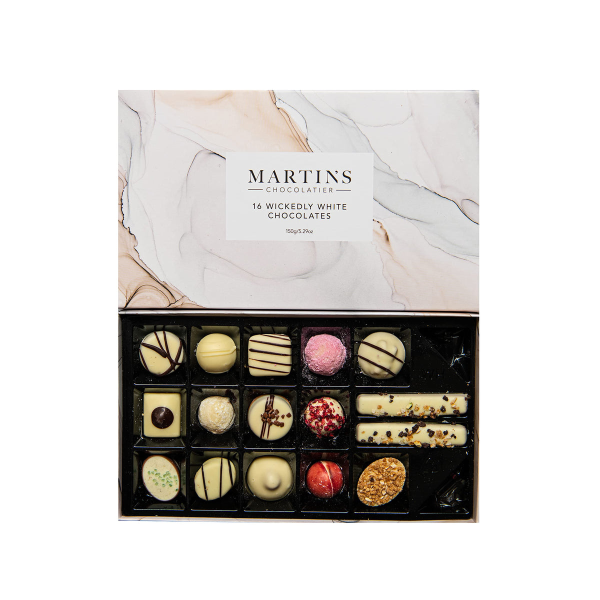 Martins Chocolatier Wickedly White Collection Luxury Handmade Chocolate Box 16 Belgian Chocolates, 15 Assorted Flavours Ideal Present for Birthdays & Anniversary (150g)