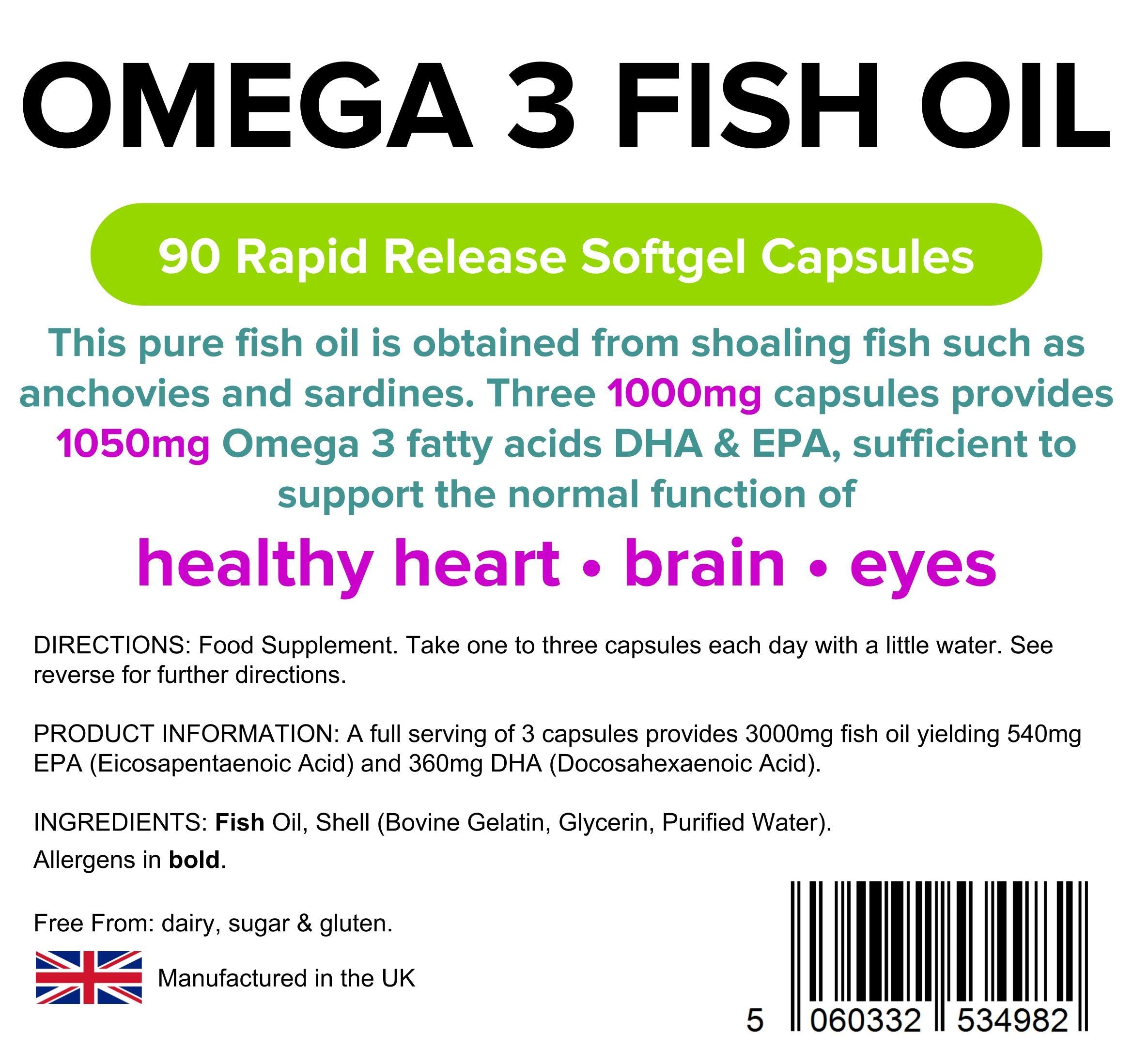 Lindens Omega 3 Fish Oil Capsules - 90 Pack - 3,000mg Daily Intake - UK Made - Supports Normal Function of Healthy Heart, Brain & Eyes - GMP & Letterbox Friendly