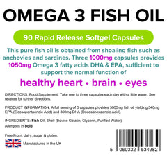 Lindens Omega 3 Fish Oil Capsules - 90 Pack - 3,000mg Daily Intake - UK Made - Supports Normal Function of Healthy Heart, Brain & Eyes - GMP & Letterbox Friendly