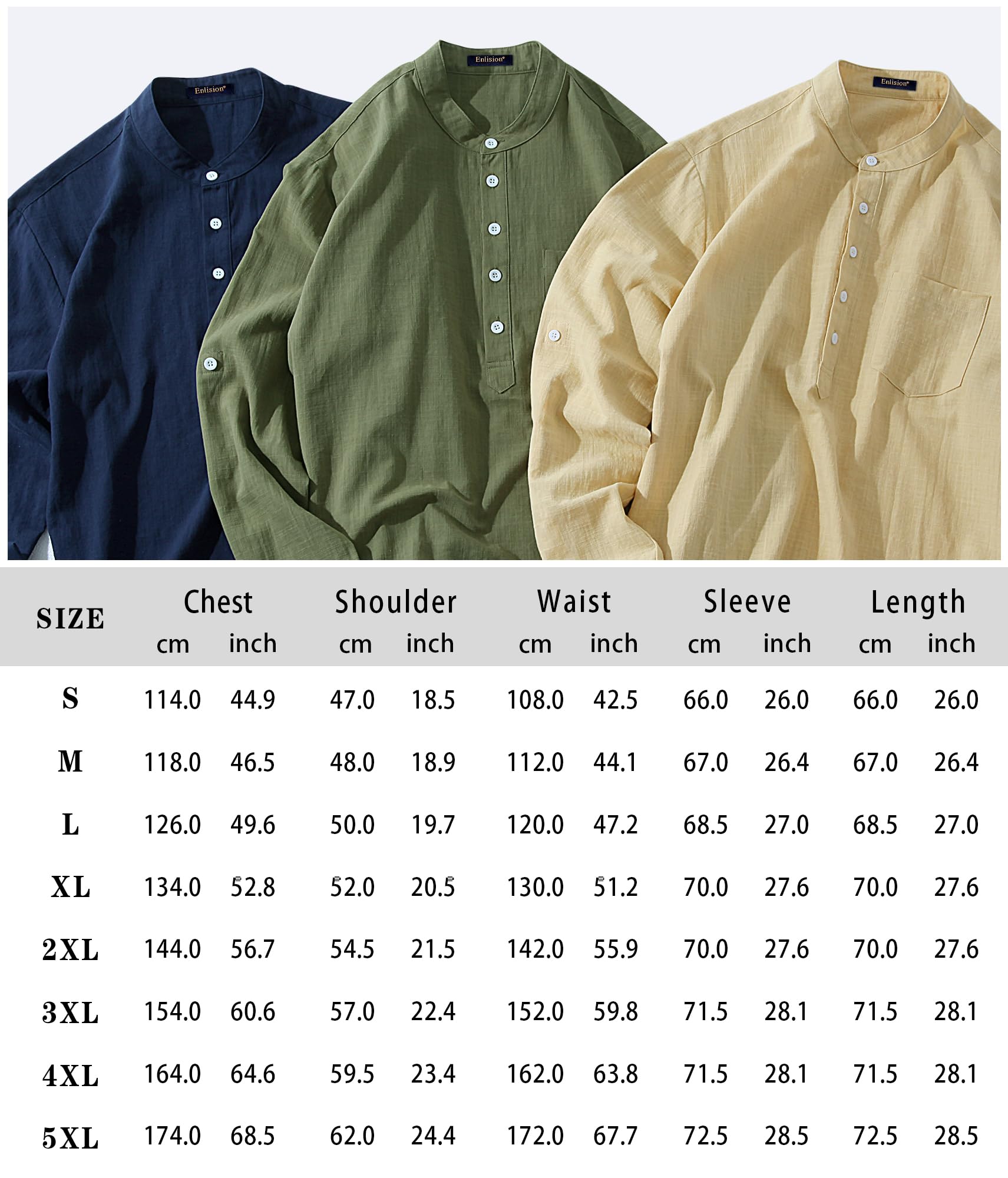 Enlision Mens Haze Blue Cotton Linen Shirts Long Sleeve Shirt Button Down Henley Shirts Lightweight Casual Plain Tops for Men 2XL