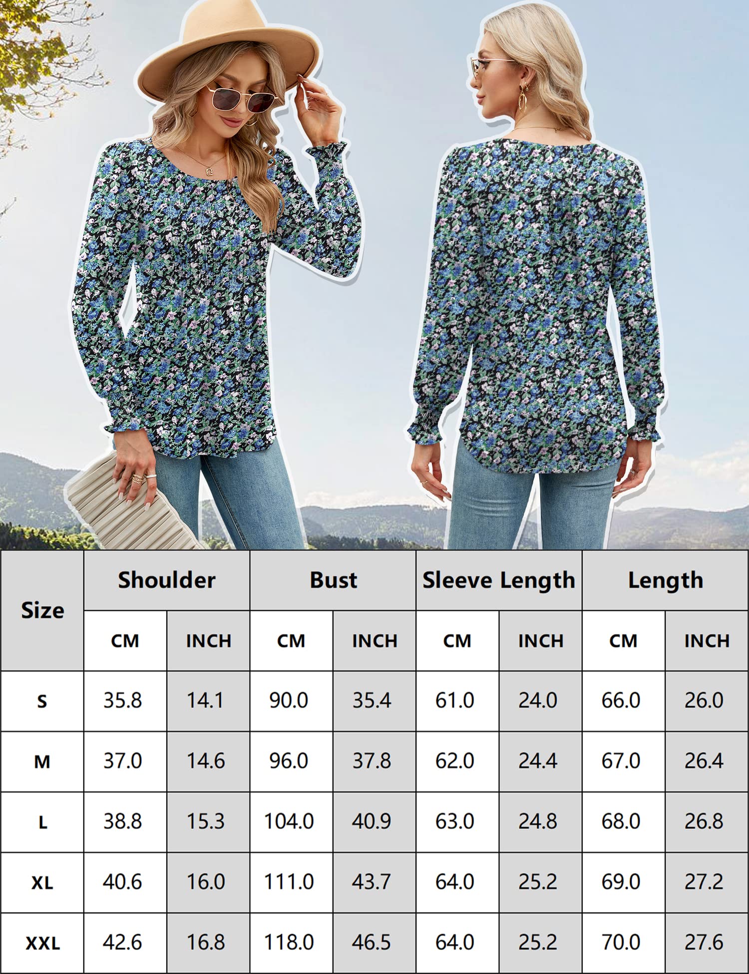 Rapbin Women Long Sleeve Tops Pleated Tunic Shirt Loose T-Shirt O Neck Blouses Floral Pleated Longine Shirts for Ladies Blue Printed L