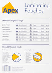 Fellowes Apex A4 Laminating Pouches, Glossy Finish, 100 Sheets - Light Duty - Ideal for Notices and Photos (Pack of 2)