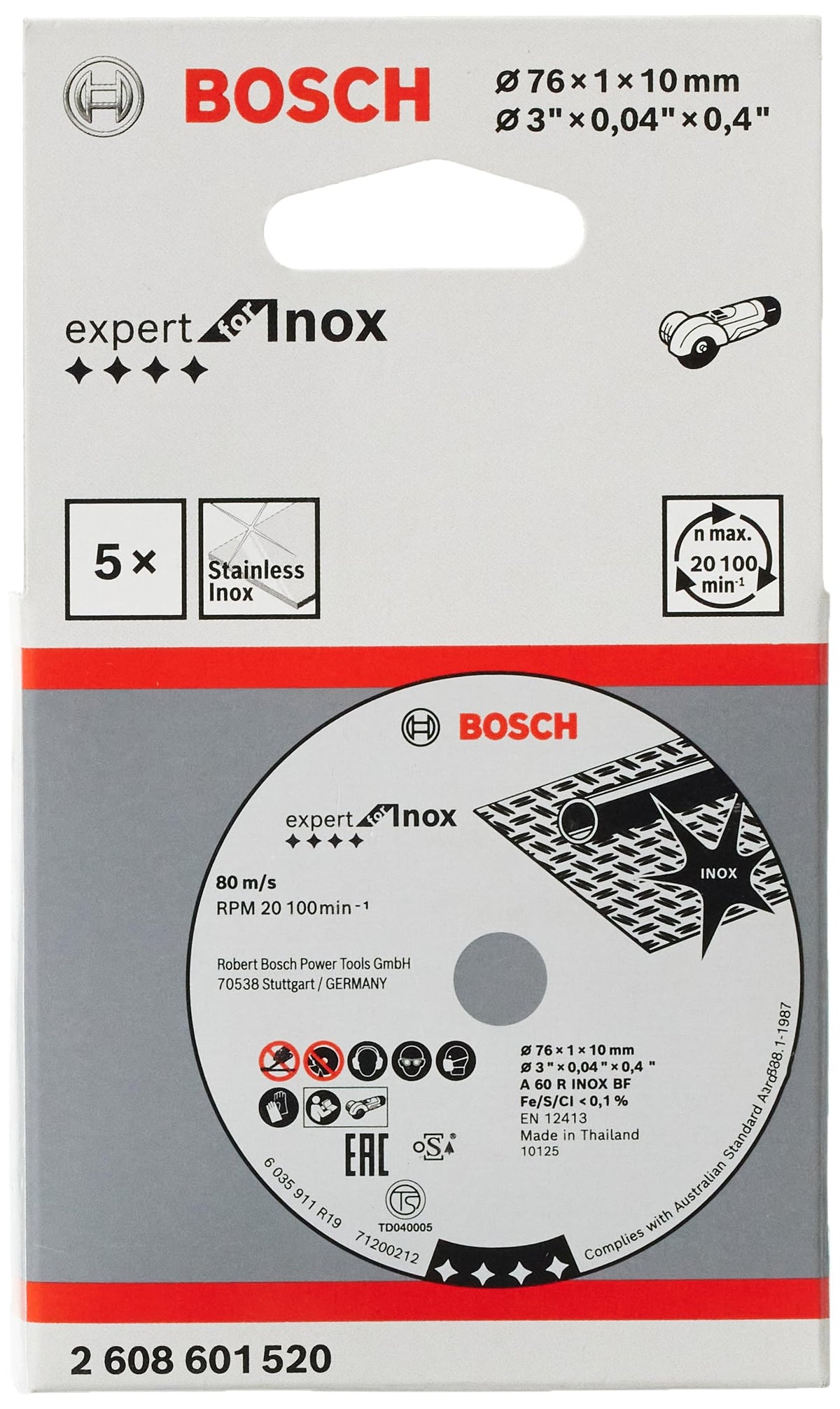 Bosch Professional 2608601520, 5 Expert for Inox Cutting Discs (for Stainless Steel, 76 x 10 x 1 mm, Accessories for Angle Grinders), Gray