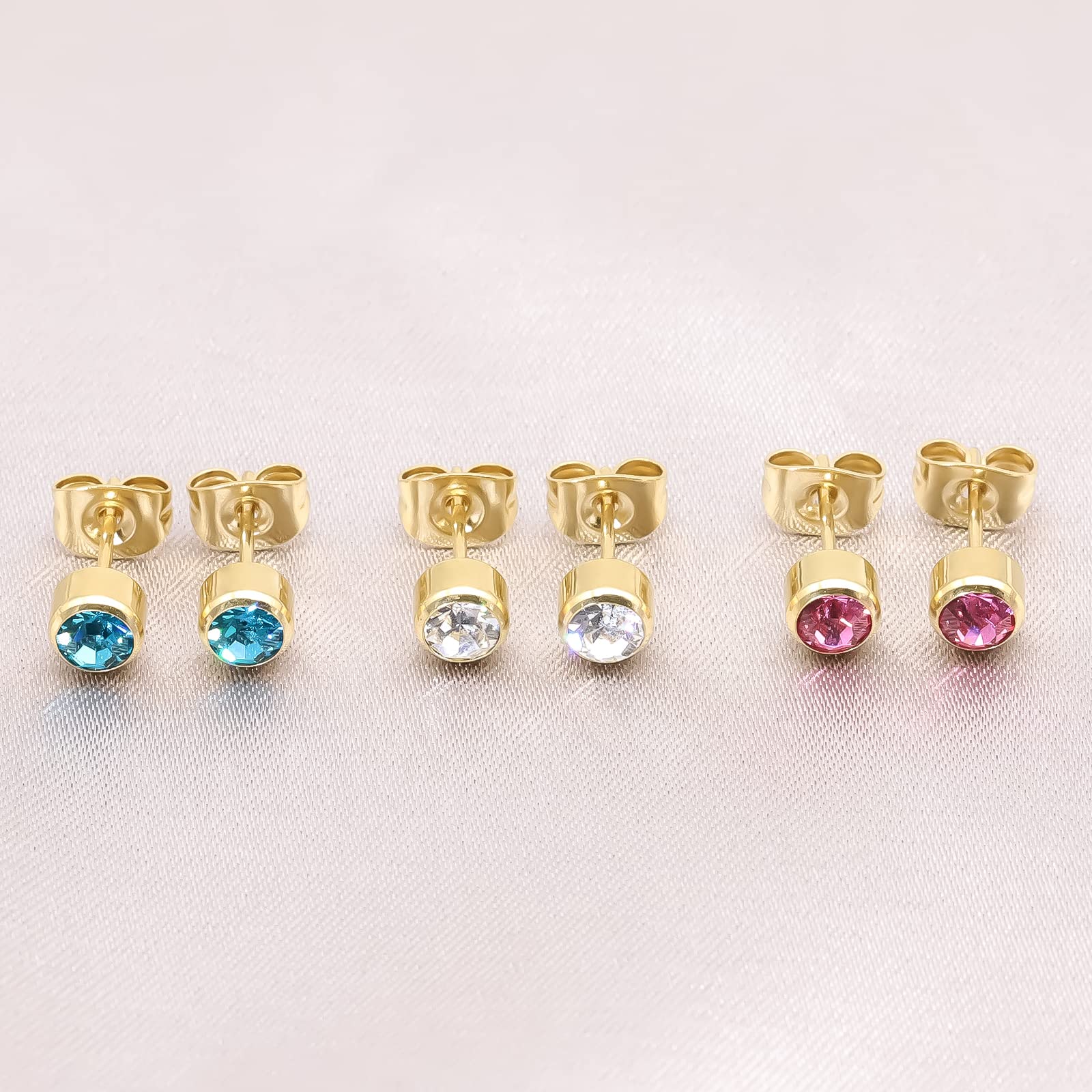 Artskin 3 Pairs/Set Women's Stud Earrings Titanium Girls' Earrings Hypoallergenic Crystal Men's Earrings 5mm Nickel Free Gold Plated Earrings Studs Birthday Mothers' Day Gift