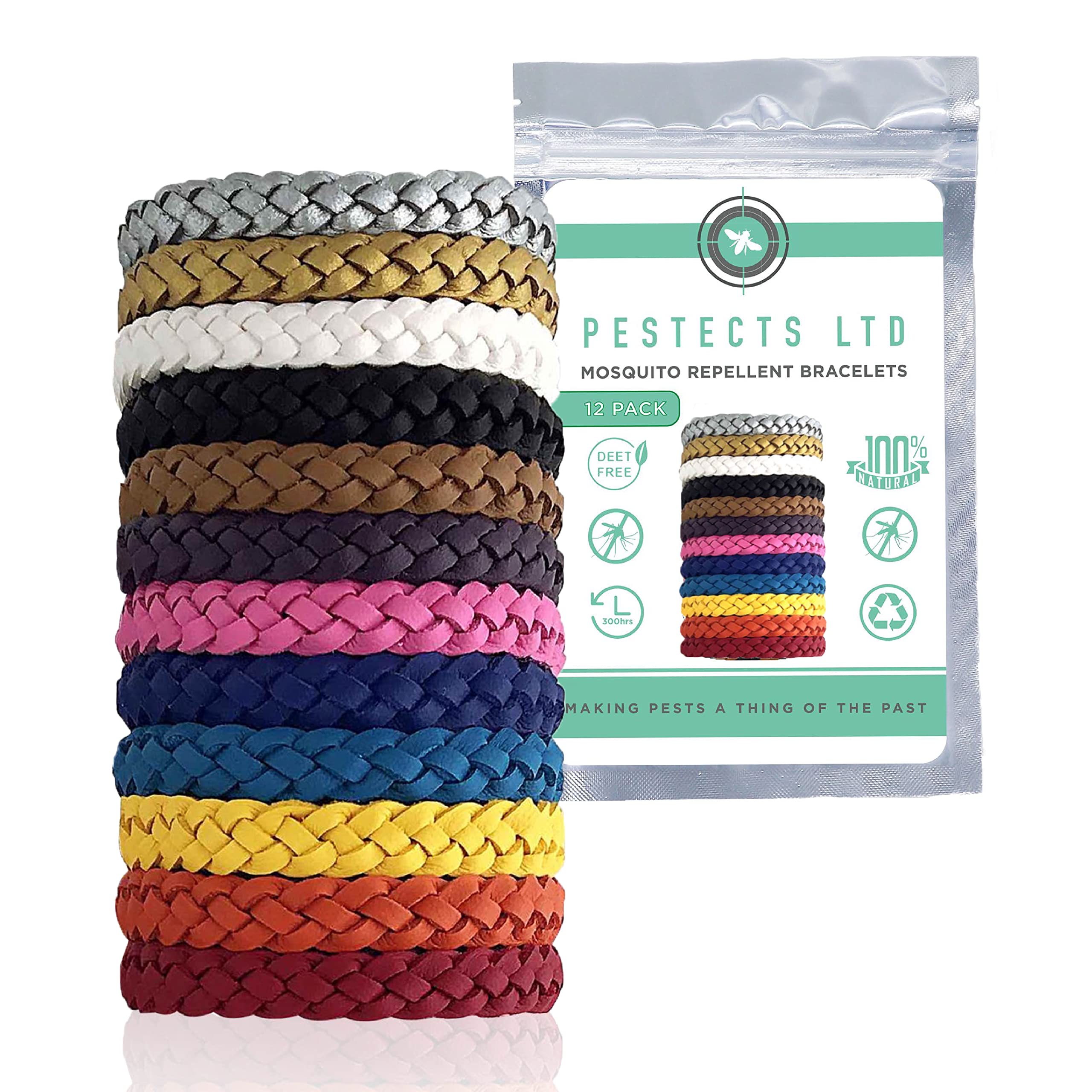 Pestects Mosquito Repellent Bracelet 12 Pack, Adjustable Leather Deet-Free Natural Insect Mosquito Bands for Adults & Kids, 300 Hour Insect Repellent Protection