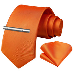 HISDERN Orange Solid Color Wedding Tie and Pocket Square, Classic Tie Clip Set for Men-Multiple Colors