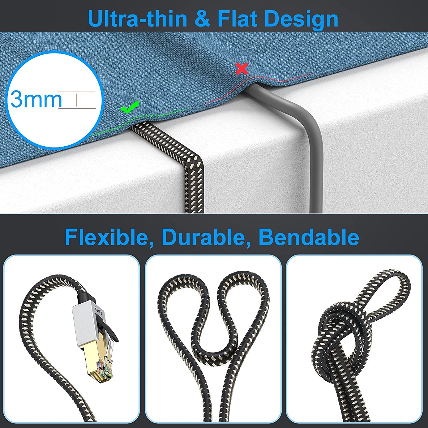 Folishine Ethernet Cable 4m, Cat 8 High Speed Network Cable, 40Gbps 2000Mhz RJ45 Flat Cable Shielded, Indoor&Outdoor for Modem/Router/switch