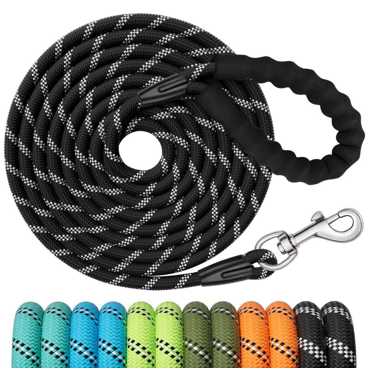 X XBEN Training Leads for Dogs, 3M Strong Rope Long line Dog Lead Leash with Soft Padded Handle and Heavy Duty Hook, Reflective Recall Training Leads for Large Medium Small Dog, Black