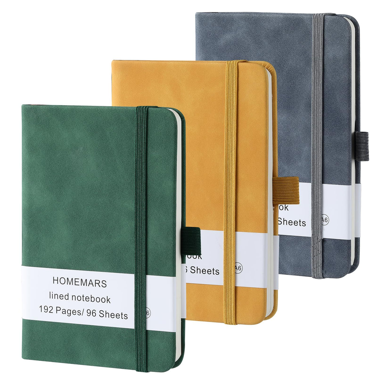 HOMEMARS Pocket Notebook, Small Notebook, 3 Pack, Pocket Notepad, 14.4 cm x 9.6cm, A6 Notebook, Small Notepad, Blue, Pink, Gray, 192 Pages Each, Hardcover, Lined Paper, Vegan Leather with Pen Loop