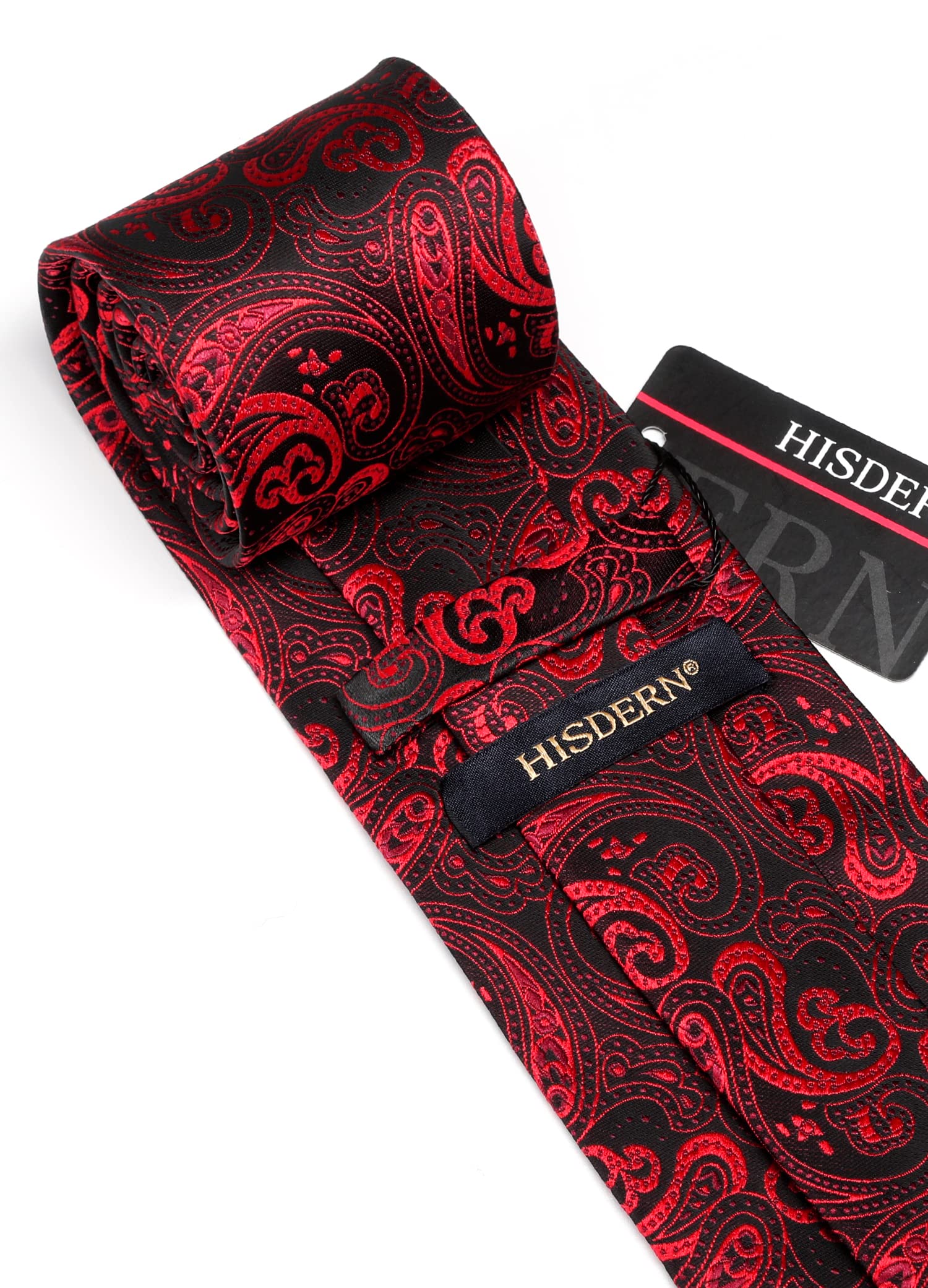 HISDERN Men's Paisley Floral Tie Handkerchief Wedding Party Necktie & Pocket Square Set For Classic Business (One Size, Burgundy/Black)