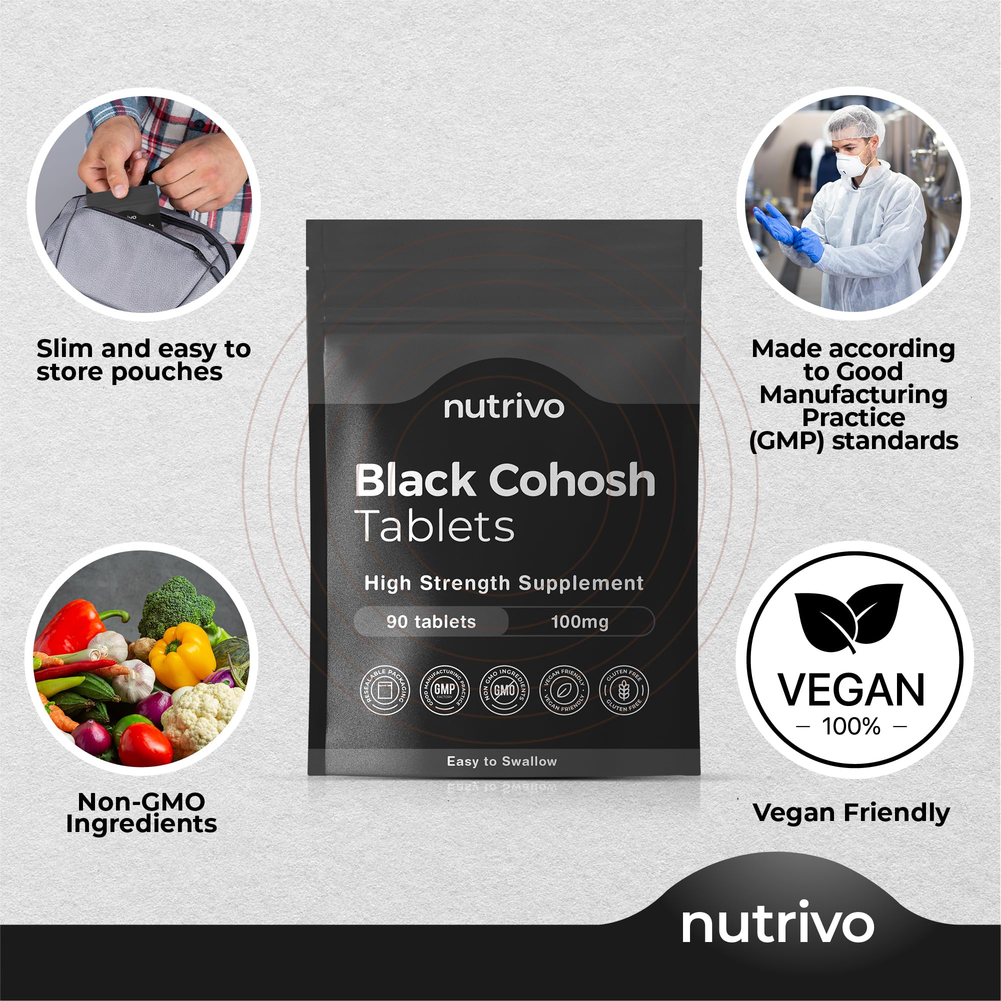 Nutrivo Black Cohosh   100mg - 90 Tablets   3 Month’s Supply   High Strength Tablets   Good Alternative to Capsules