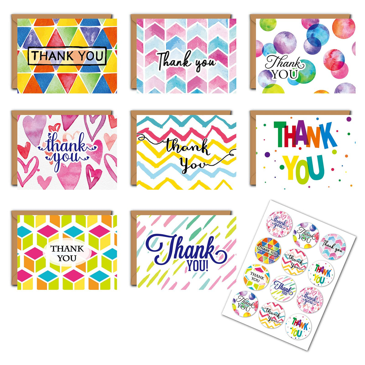 24 Pack Thank You Cards, Thank You Cards Multipack with envelopes Greeting Cards Rainbow Thank You Greeting Cards & Stickers for Wedding Graduation Teacher Birthday Baby Shower
