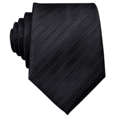 Barry.Wang Solid Black Ties for Men Funeral Striped Necktie Pocket Square Cufflinks Set