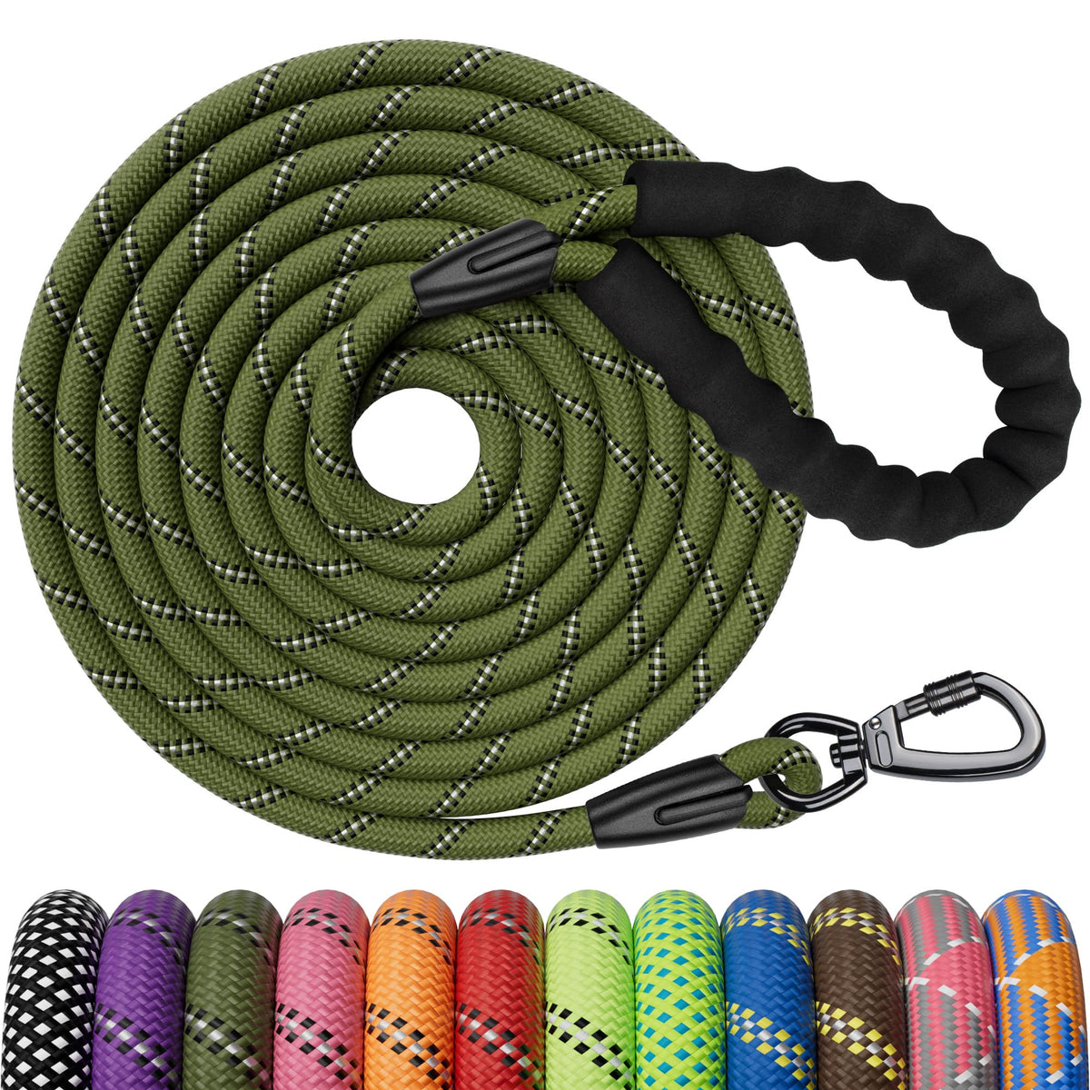 Kdsvakd Training Lead for Dogs, 1.5m / 5ft Dog Rope Lead with Carabiner Clip and Padded Handle, Reflective Recall Puppy Leash for Puppy, Small, Medium, Large Dog, ArmyGreen