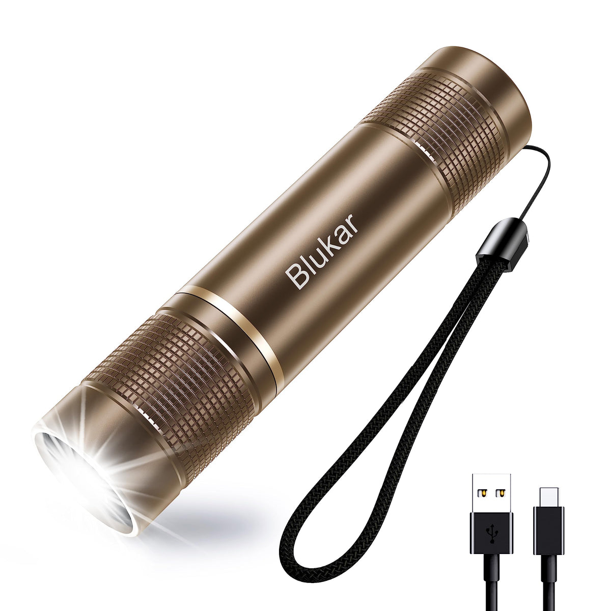 Blukar LED Torch Rechargeable，2000L Super Bright Adjustable Focus Flashlight,4 Lighting Modes,Long Battery Life,Waterproof Pocket Size Torch Power Cuts，Emergency，Camping，Hiking，Outdoor -Brown (K9132)