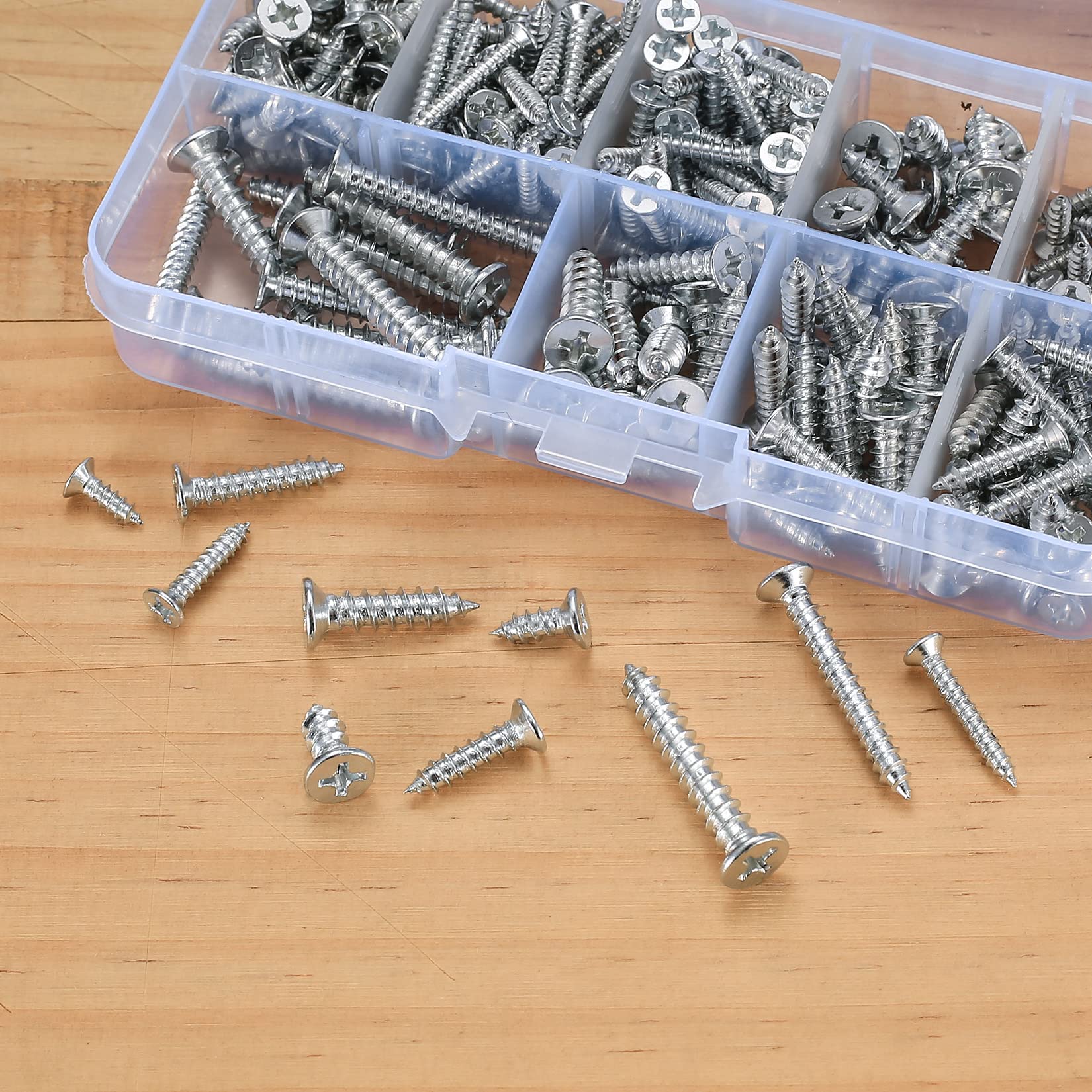 Vwoqiy 228PCS Self Tapping Screws, M3/M4/M5 Cross Drive Flat Head Screws, Countersunk Head Wood Screws, Metal Self Drilling Screws for Woodworking, with Storage Box (silvery 228)