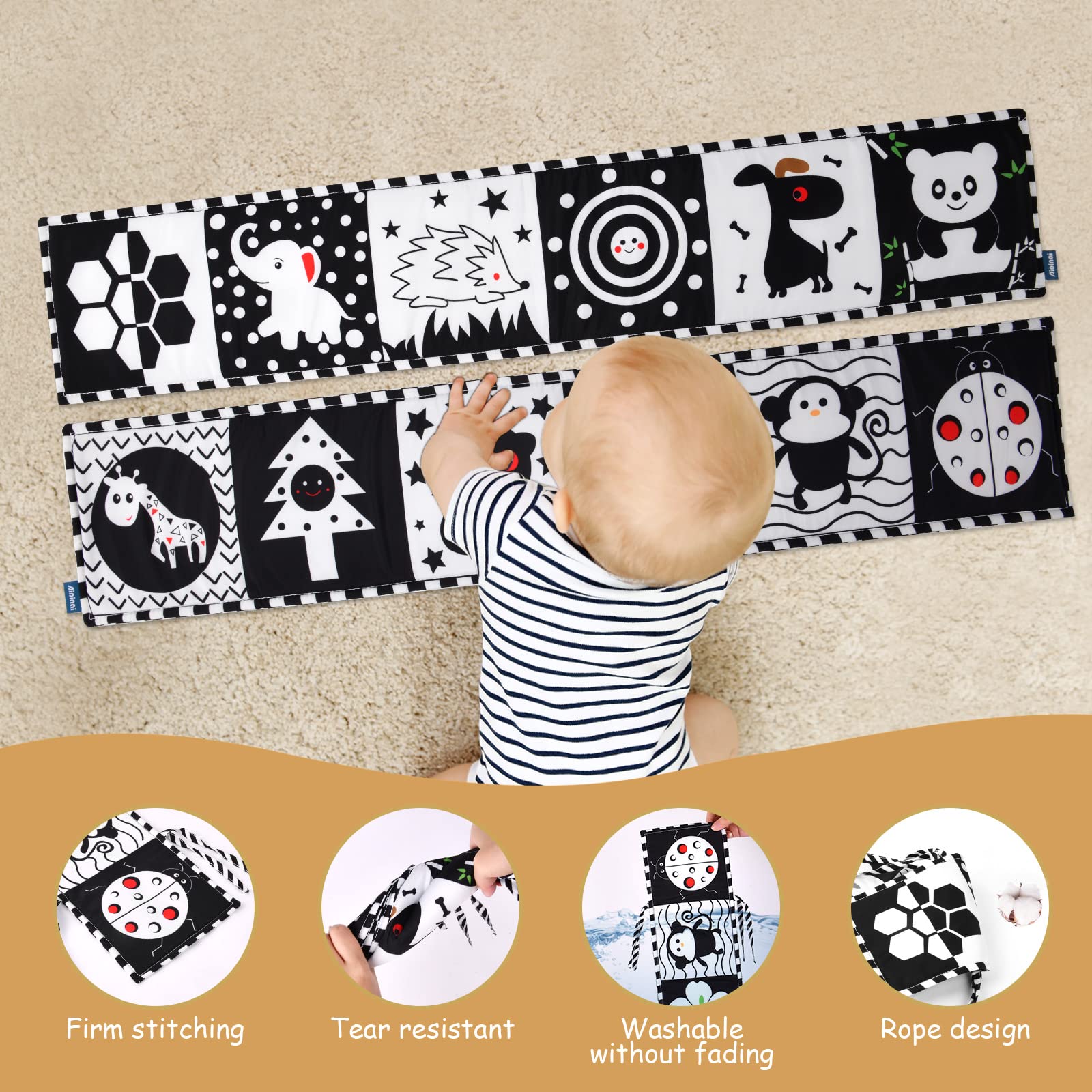 Vicloon Baby Soft Books, Baby Cloth Book, Black and White High Contrast Soft Cloth Book for Early Learning, Foldable Soft Fabric Quiet Book, Touch and Feel Crinkle Cloth Books for Babies First Book