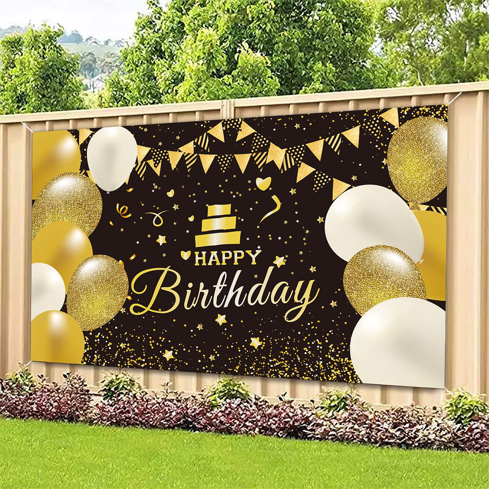 GRESATEK Happy Birthday Banner,Black Gold Party Backdrop Decoration Set,Extra Large Birthday Photo Booth Sign Poster Background Birthday Party Supplies for Men Women Boys Girls