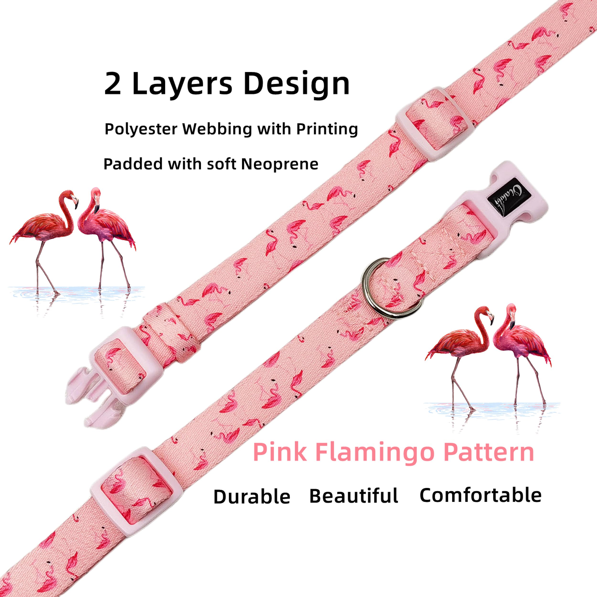 Olahibi Soft and Comfortable Neoprene Padded Polyester Basic Dog Collar Flamingo Pattern for Large Dogs(L, Flamingo Pink)