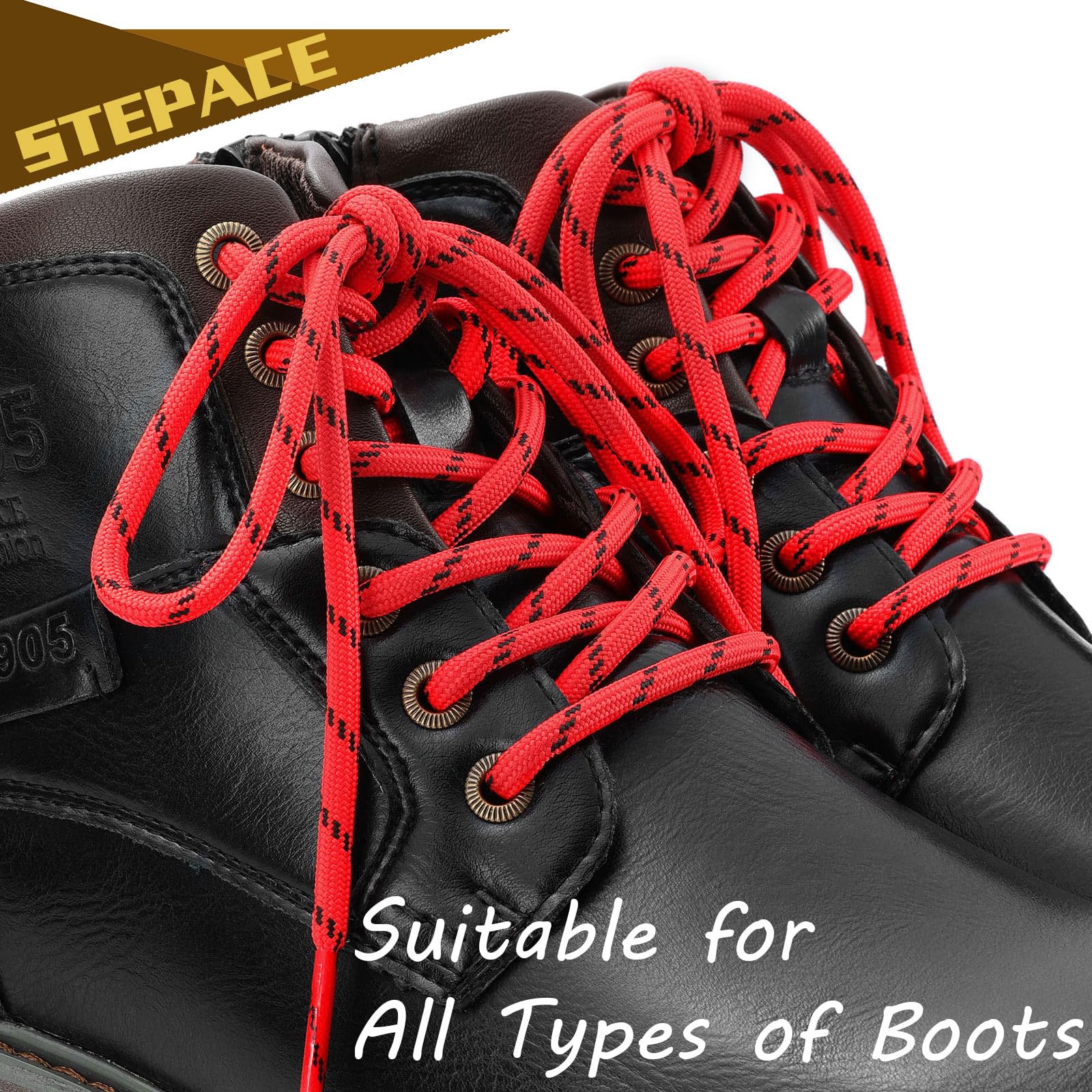 Stepace Round Shoelaces [2 Pairs] Heavy Duty Boot Shoe Laces for Hiking Work Boots Red Black -140(Dots)