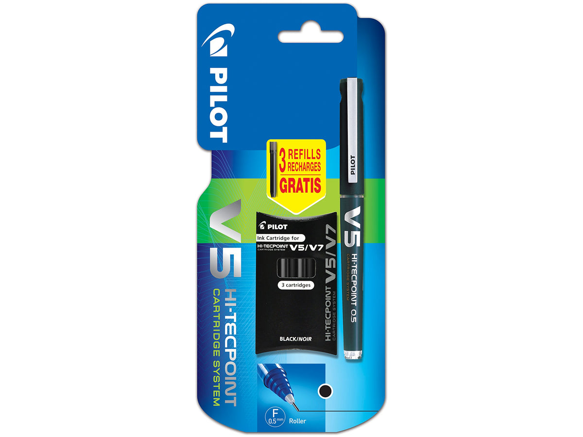 Pilot V5 Cartridge System Liquid Ink Rollerball, 0.5 mm Tip Single Pen with 3 Free Refills - Black