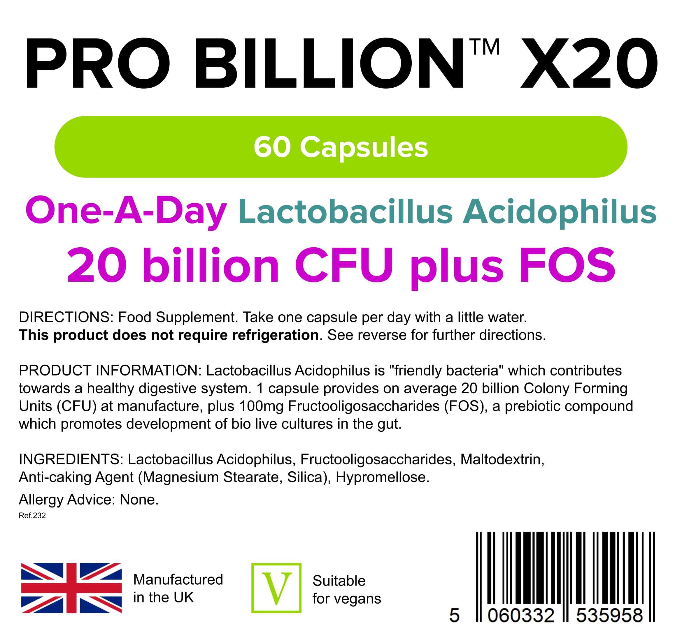 Lindens Pro Billion X20 20 Billion Cfu Ultra High Strength Capsules - 60 Pack - Ultra High Potency Lactobacillus Acidophilus Supporting Digestion - UK Manufacturer, Letterbox Friendly