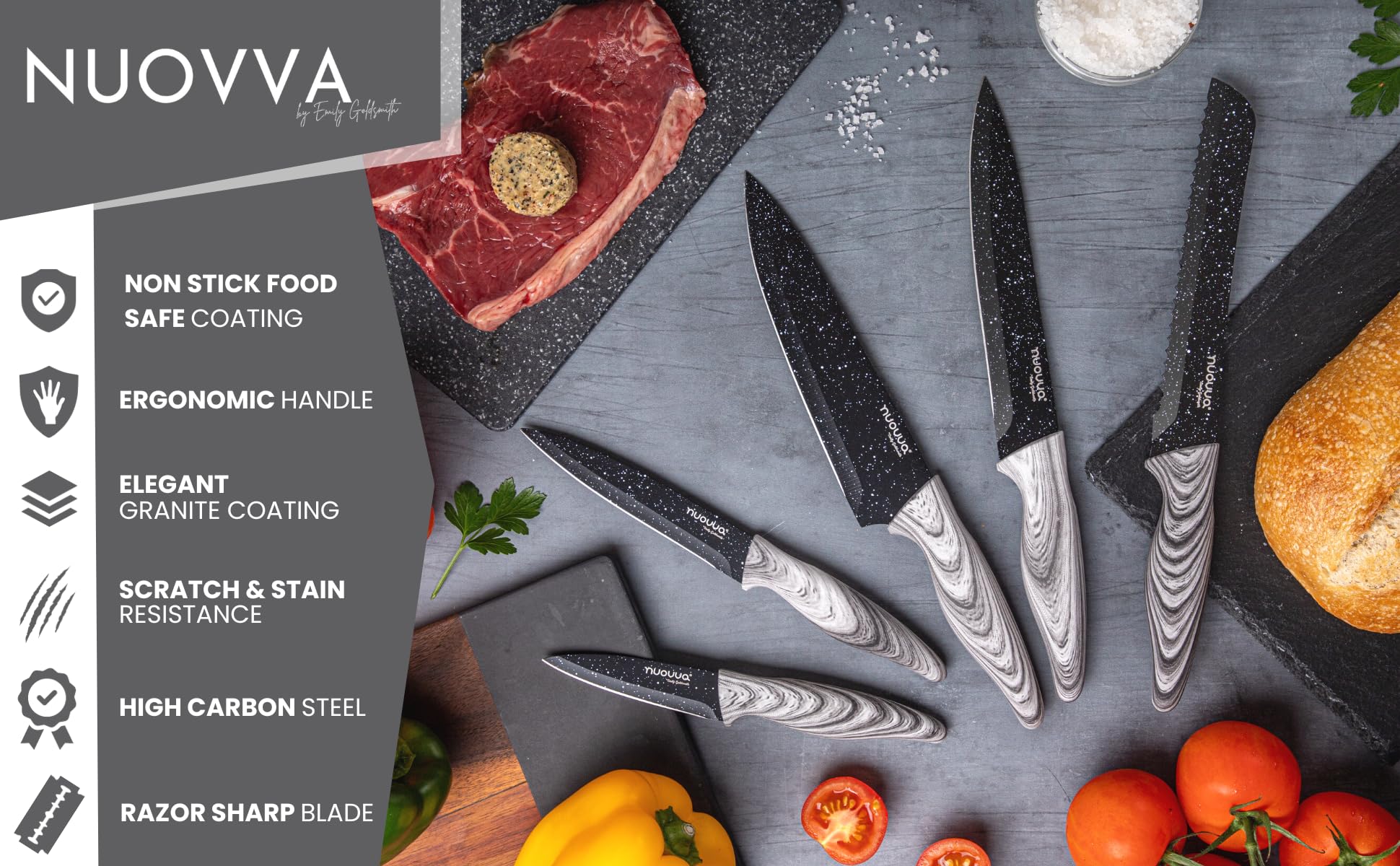 nuovva Professional Kitchen Knife Set – 5pcs Black Granite Kitchen Knives – Stainless Steel Granite Non Stick Blades – Chefs, Filleting, Bread, Paring and Utility Knives