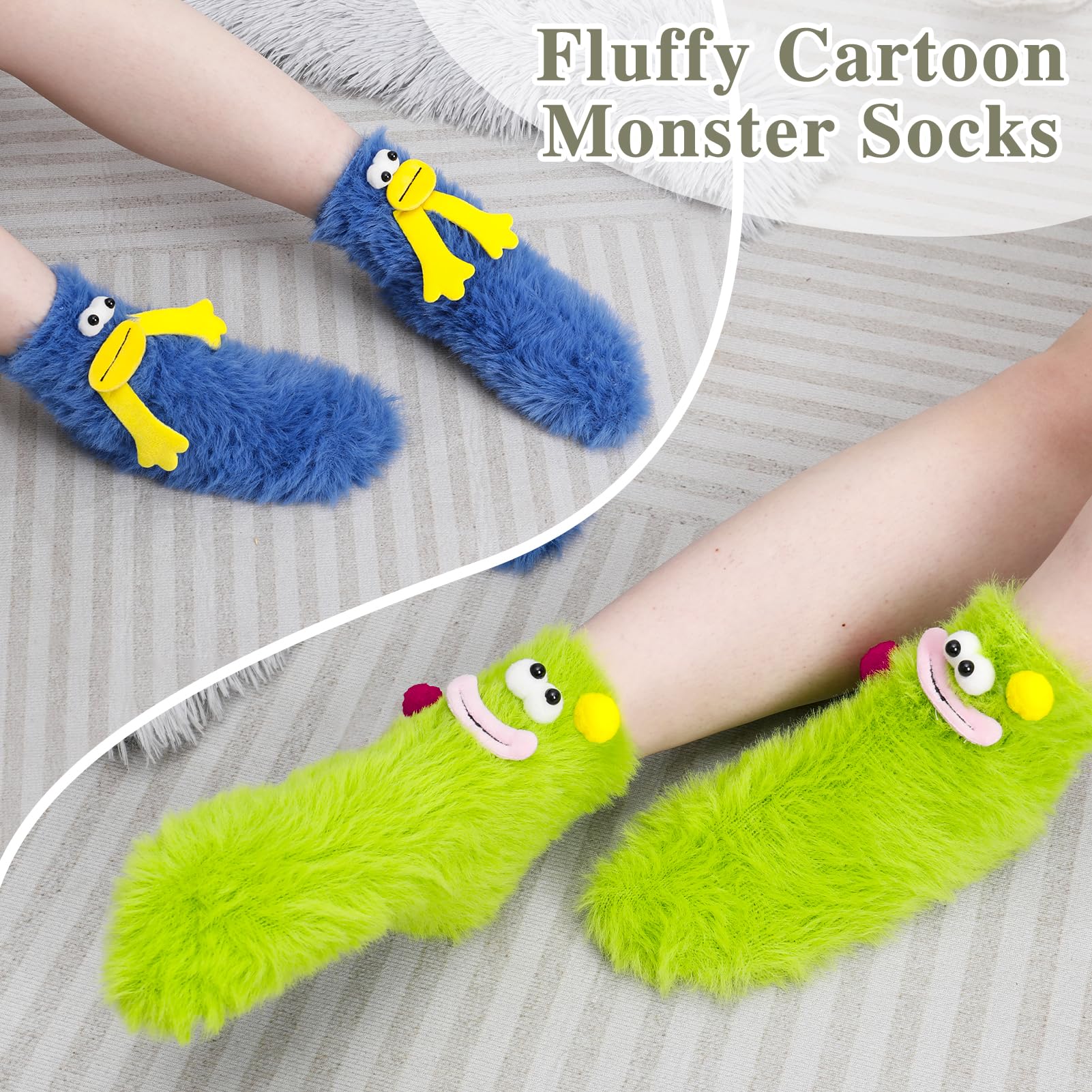 Zuimei 2 Pairs Fluffy Cartoon Monster Socks,Fuzzy Cute Monster Socks Warm Cozy Winter Warm Soft Slipper Sock Cute Fluffy Socks Women Non Slip Fluffy Socks for Women Girls