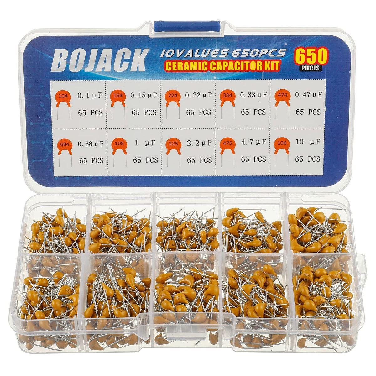 BOJACK 10 Type 650Pcs Ceramic Capacitor Assortment Kit Capacitors from 0.1uf/100 nF to 10 uF in a Box