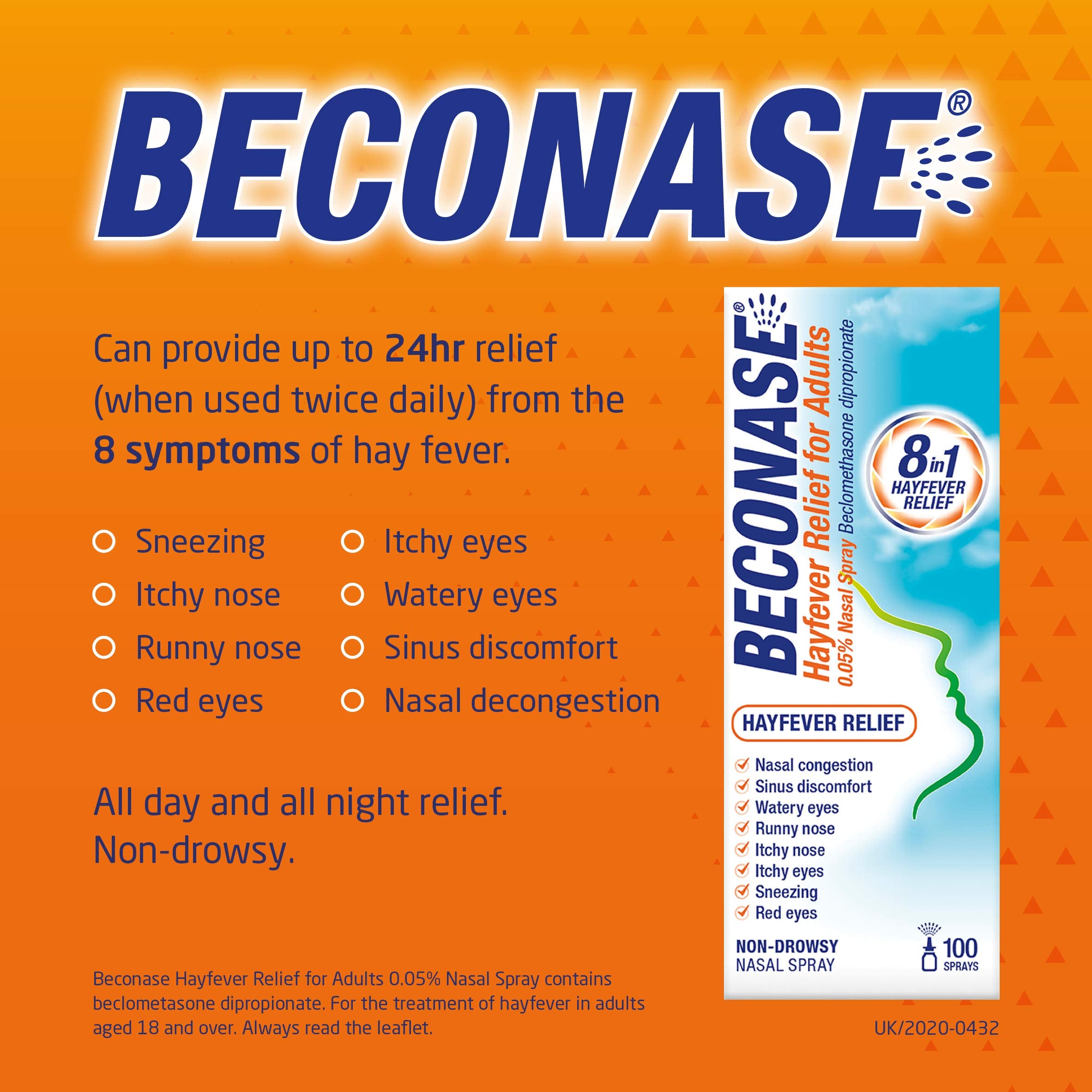 Beconase Hayfever Relief Nasal Spray - 8 in 1 Effective Relief for Allergy Symptoms - Non-drowsy - 100 Sprays,1 Count (Pack of 1)