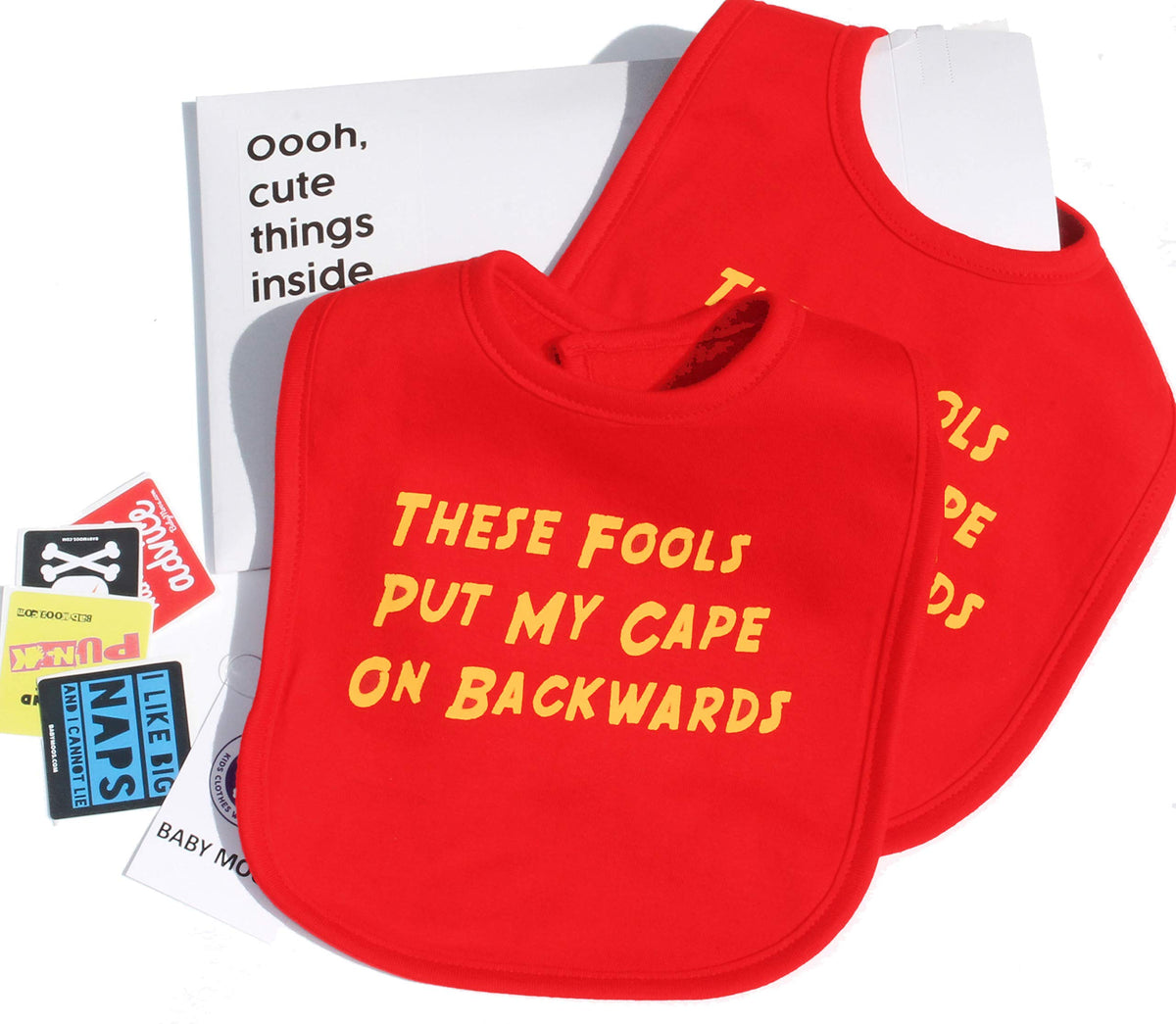 Baby Moo's 2 Funny Baby Bibs Gift Set   THESE FOOLS PUT MY CAPE ON BACKWARDS   Superhero Baby Bibs [0-3 Years Boys/Girls] Baby Shower, New Parents or Twin Gifts (2 Bibs and Extras)