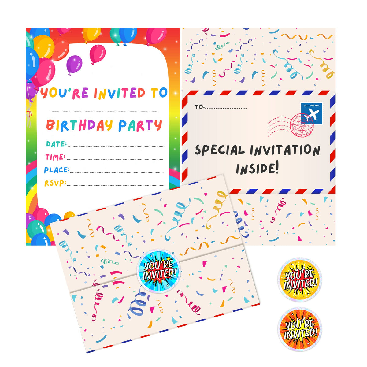 BestaFiesta 36 Kids Childrens Birthday Party Invitations Kids Invites with Folding Envelope Design and Holographic Stickers (Rainbow)