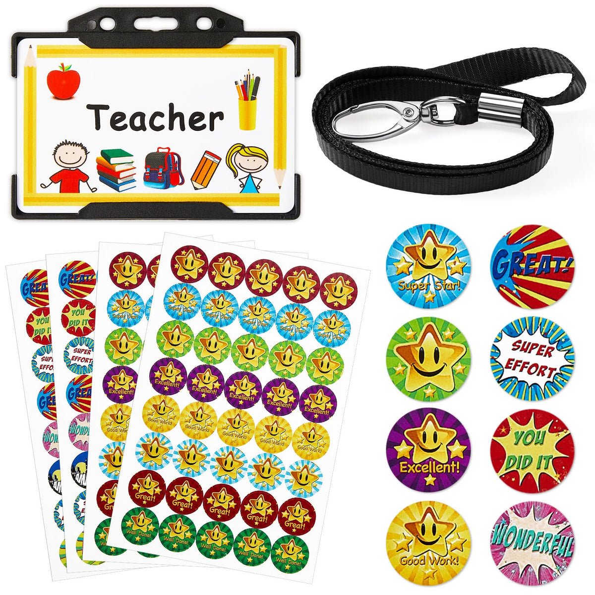 Tenare Christmas Teacher Roleplay Novelty Id Card and Lanyard Children's Well Behaviour Reward Stickers for Kids School Imaginary Teacher Pretend Play Set (Black,Awesome)