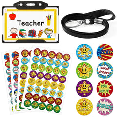 Tenare Christmas Teacher Roleplay Novelty Id Card and Lanyard Children's Well Behaviour Reward Stickers for Kids School Imaginary Teacher Pretend Play Set (Black,Awesome)