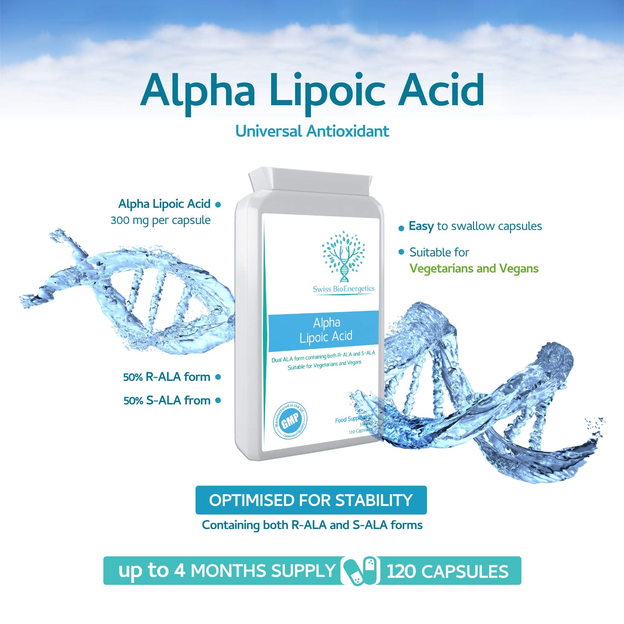 Alpha Lipoic Acid 300mg 120 Capsules – Dual ALA (Both R-ALA and S-ALA) - UK Manufactured