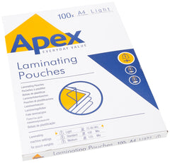 Fellowes Apex A4 Laminating Pouches, Glossy Finish, 100 Sheets - Light Duty - Ideal for Notices and Photos (Pack of 2)