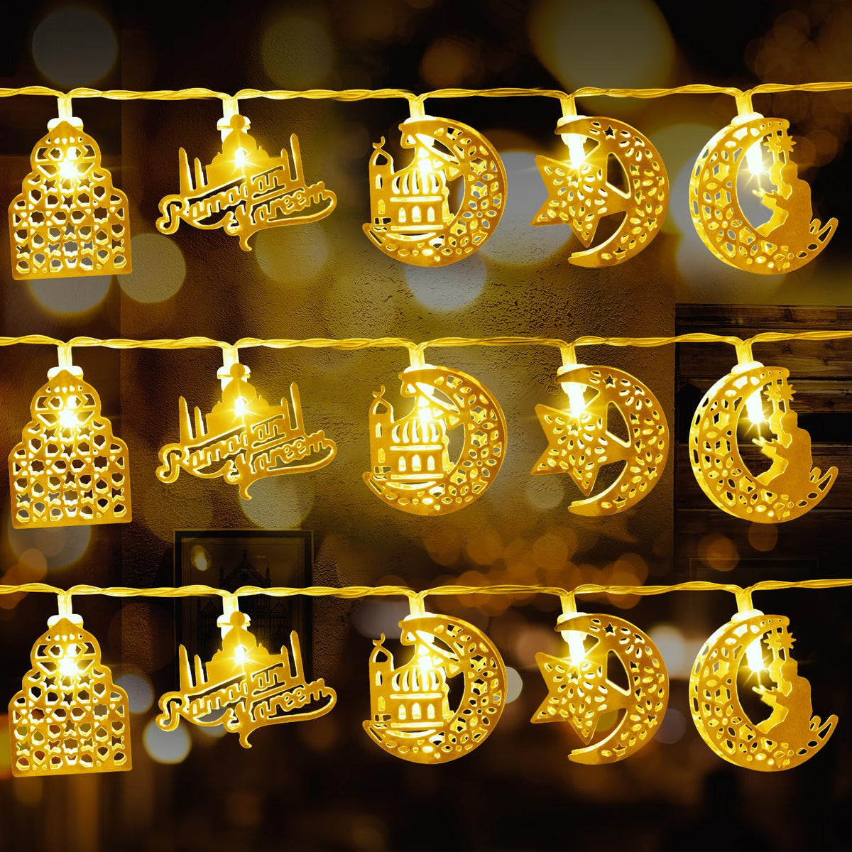 10.3 Ft 20 LED Ramadan Mubarak Eid String Light, Moon Star Castle Lantern Lamp, Star Fairy String Light, Modes Decor for Muslim Islamic Home Decor, Indoor Outdoor, Warm Yellow